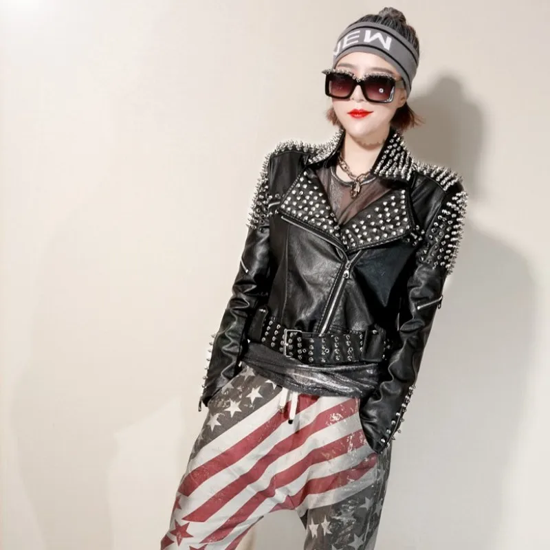 Панк Авангард pu кожаная куртка для женщин рок заклепки искусственная кожа пальто