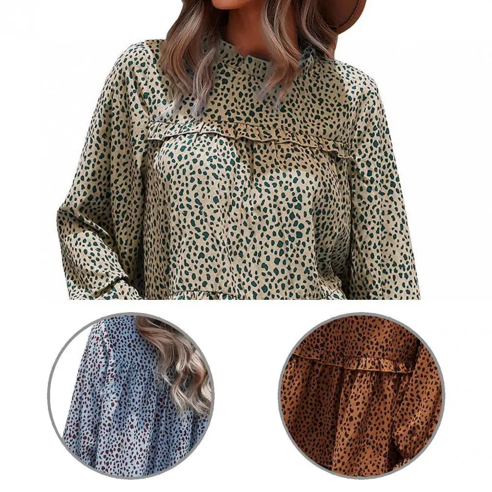 

Top Stylish Long Lantern Sleeve Leopard Shirt Lightweight Women Blouse Leopard Print for Daily Wear