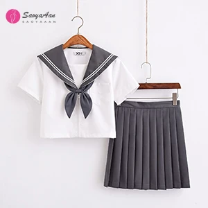 

Japanese JK uniform suit White Shirt with grey skirt Summer High School Women Novelty Sailor Suits Uniforms XXL