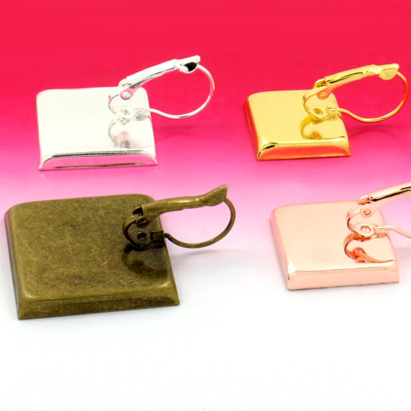 10pcs New Fit 16mm 18mm 20mm 25mm 4 Colors Plated Square Style French Lever Back Earrings Blank/Base Glass Cabochons