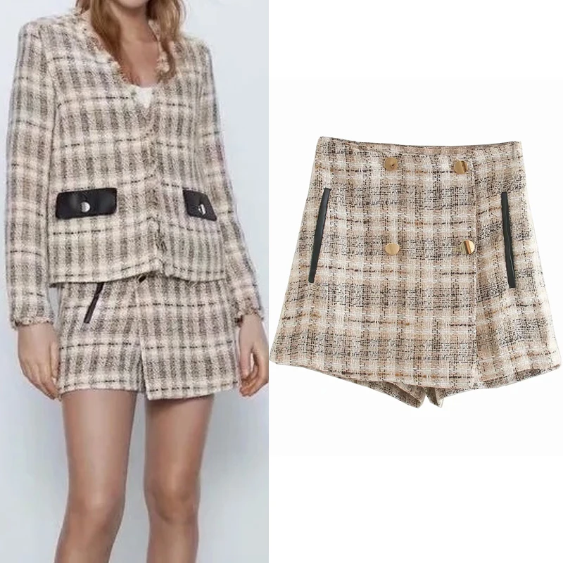 

Женские клетчатые шорты-бермуды Za, твидовые шорты с высокой талией, Модные свободные повседневные шорты, осенний Элегантный комплект