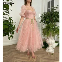 verngo 2021 new blush pink tulle flowers prom dresses half puff sleeves sweetheart buttons ankle length homecoming party gowns
