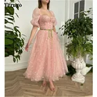 Verngo 2021, новинка нежно-розовый тюль, платья для выпускного вечера с цветами, платья с рукавами-фонариками и пуговицами до щиколотки для выпускного вечервечерние
