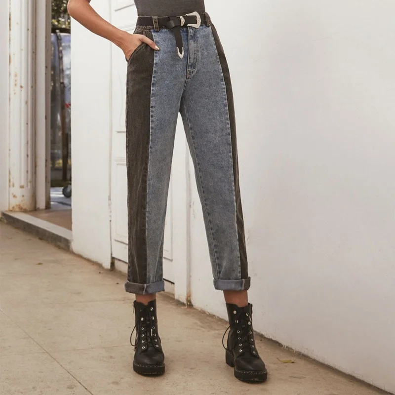 

Fall New High Street Blue Black Patchwork Colorblock High Quality Trousers 2021 Women High Waist Harem Straight Denim Pants Mom