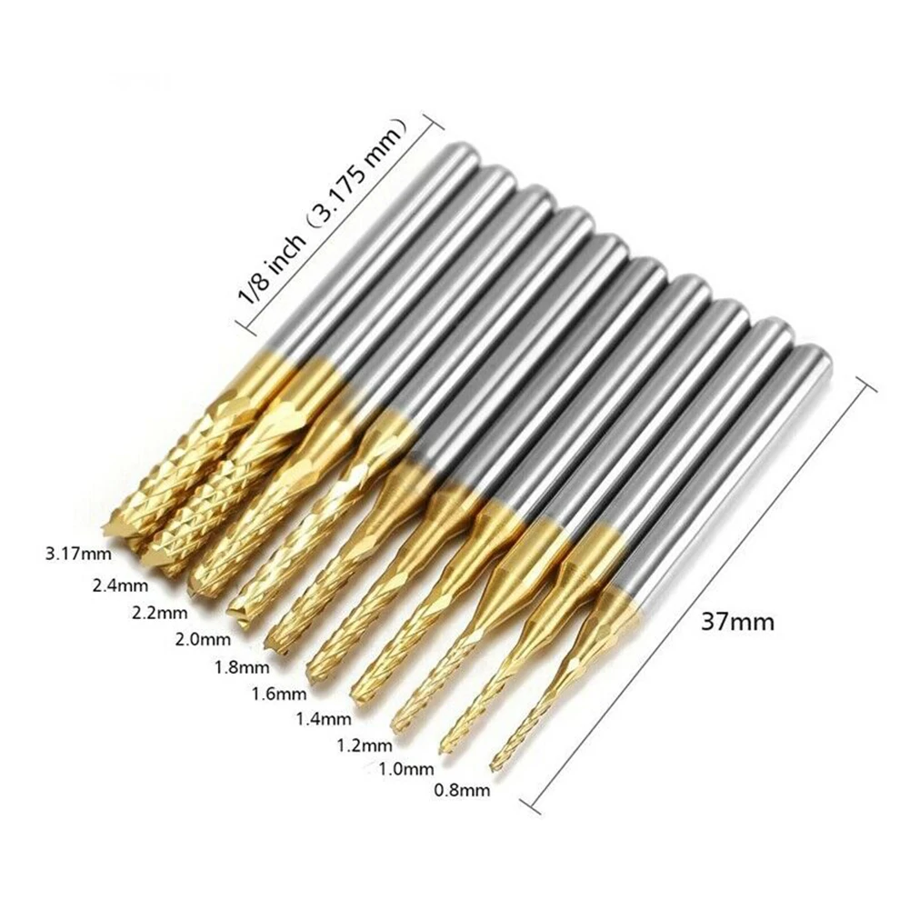 

10Pcs set End Mill 1/8\" Shank Titanium Coated Carbide CNC Cutter Golden New