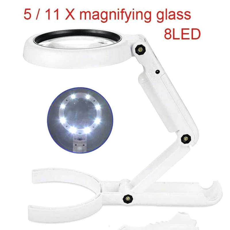 

5/11X Portable Magnifiers With 8 LEDs Light Reading Lamp Magnifying Glass Foldable Stand Table Magnifier Tool Optical Instrument