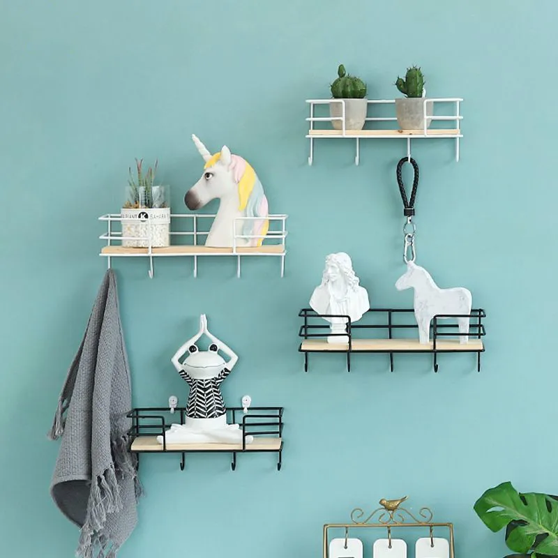 Estante de hierro montado en la pared para el hogar, repisa de almacenamiento con 5 ganchos, ideal para decoraci&oacute;n de sala de estar, toalla o llave-1