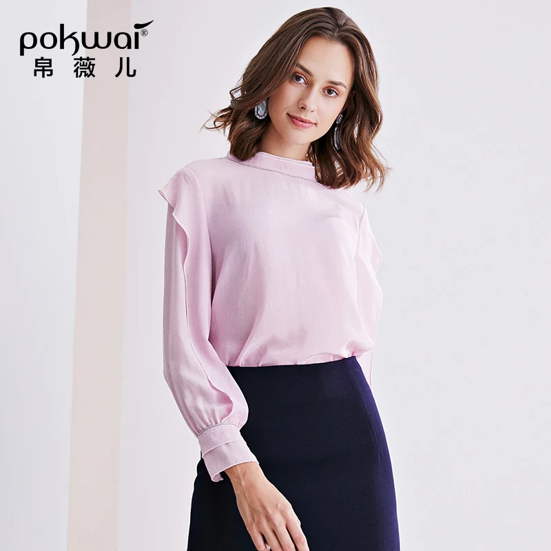 POKWAI женские 100% шелковые блузки элегантные с длинным рукавом Повседневные модные