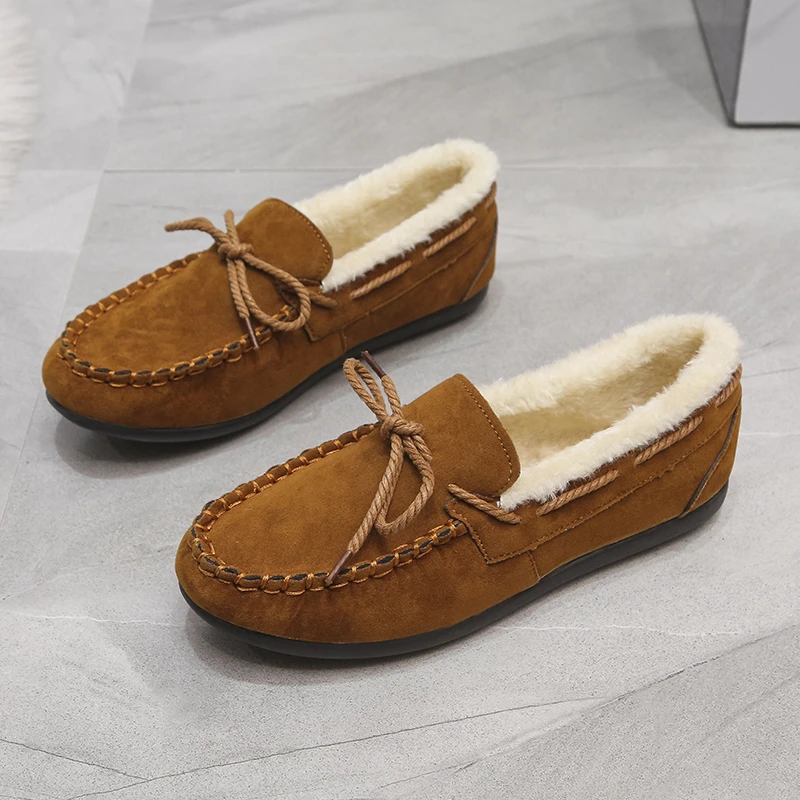 

Женская Теплая обувь на плоской подошве, повседневные Лоферы без застежки, женские плюшевые туфли на плоской подошве, Мокасины, женская обу...