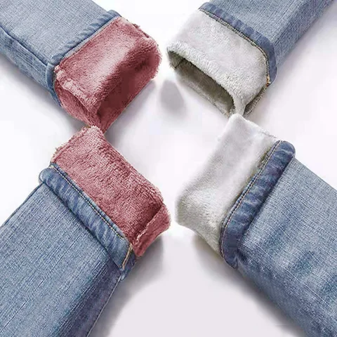 Warm Jeans Pants For Women Plus Size Winter Blue Light blue Solid Skinny Fleeces Thick Pencil Pants with Velvet Denim Trousers