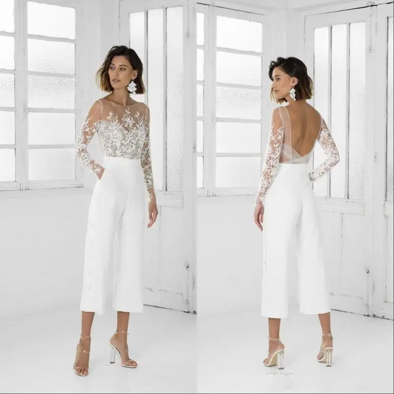 

Cheap Sexy Jumpsuit Wedding Dresses Long Sleeves Sheer Neck Backless Lace Appliqued Tea Length Beach Bohemian Wedding Dress
