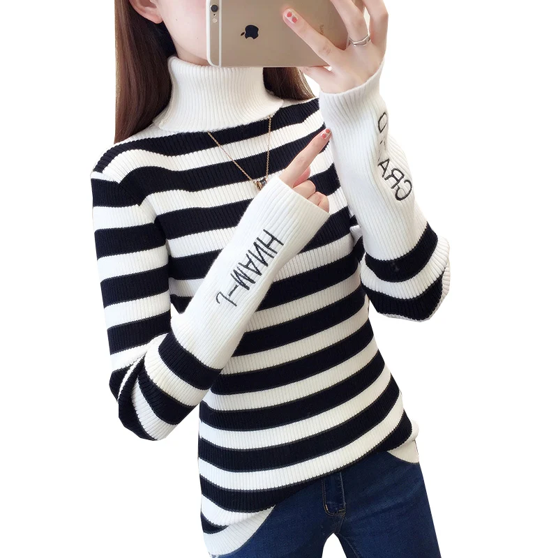 

Turtleneck sweater womens pullover 2020 autumn winter new slim bottoming shirt thick striped letters Western style sweaters tide