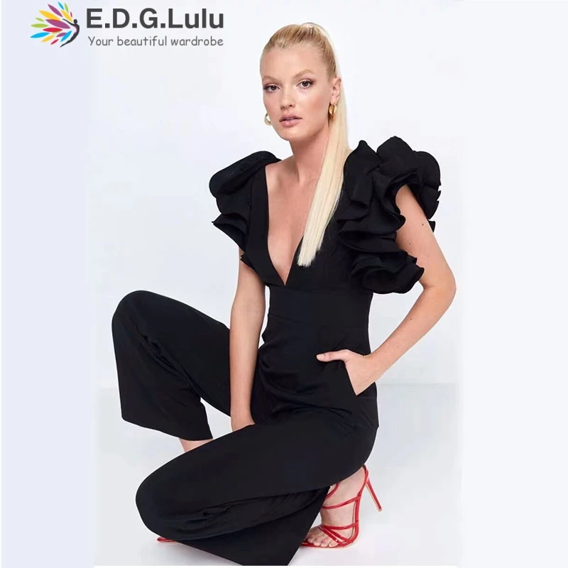 Женские комбинезоны EDGLuLu 2019 черные с глубоким v-образным вырезом женский