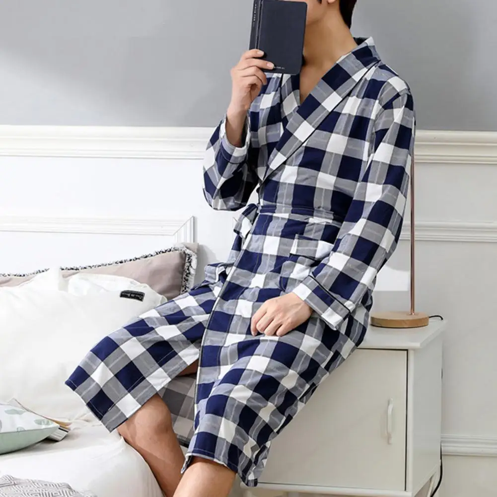 

Casual Men Soft Color Block Pockets Long Sleeve Bath Robe Home Gown Sleepwear