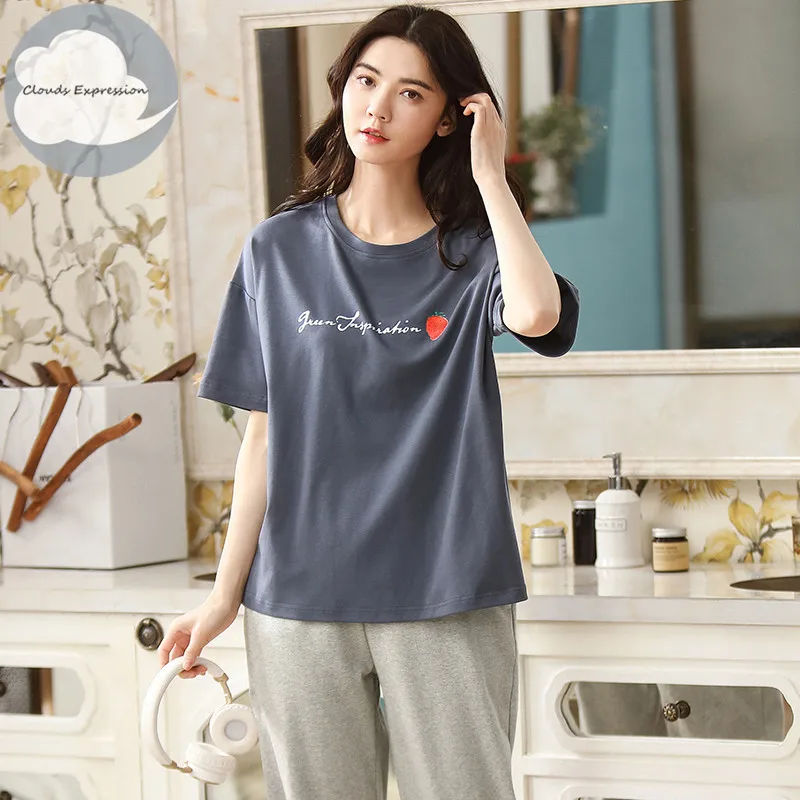 Летняя брендовая футболка с короткими рукавами вязаное хлопковое женские пижамы