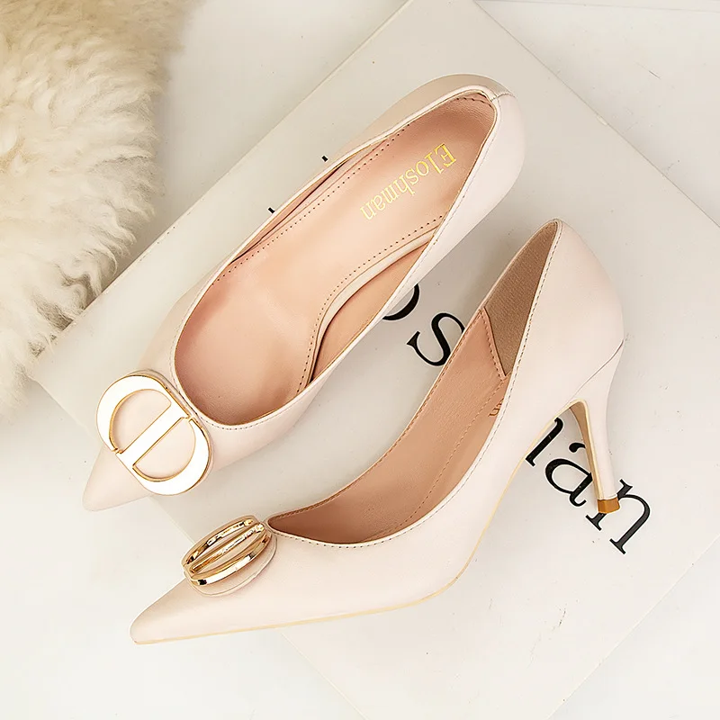 European and American style sexy shoes women's shoes stiletto high heels shallow mouth pointed metal buckle banquet