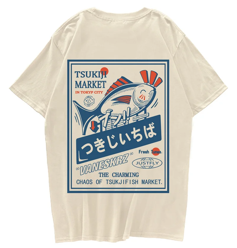 Уличная одежда в стиле хип-хоп, футболка в стиле Харадзюку, японская Футболка с принтом рыбы и канадзи, 2021 Мужская Повседневная футболка в ст...
