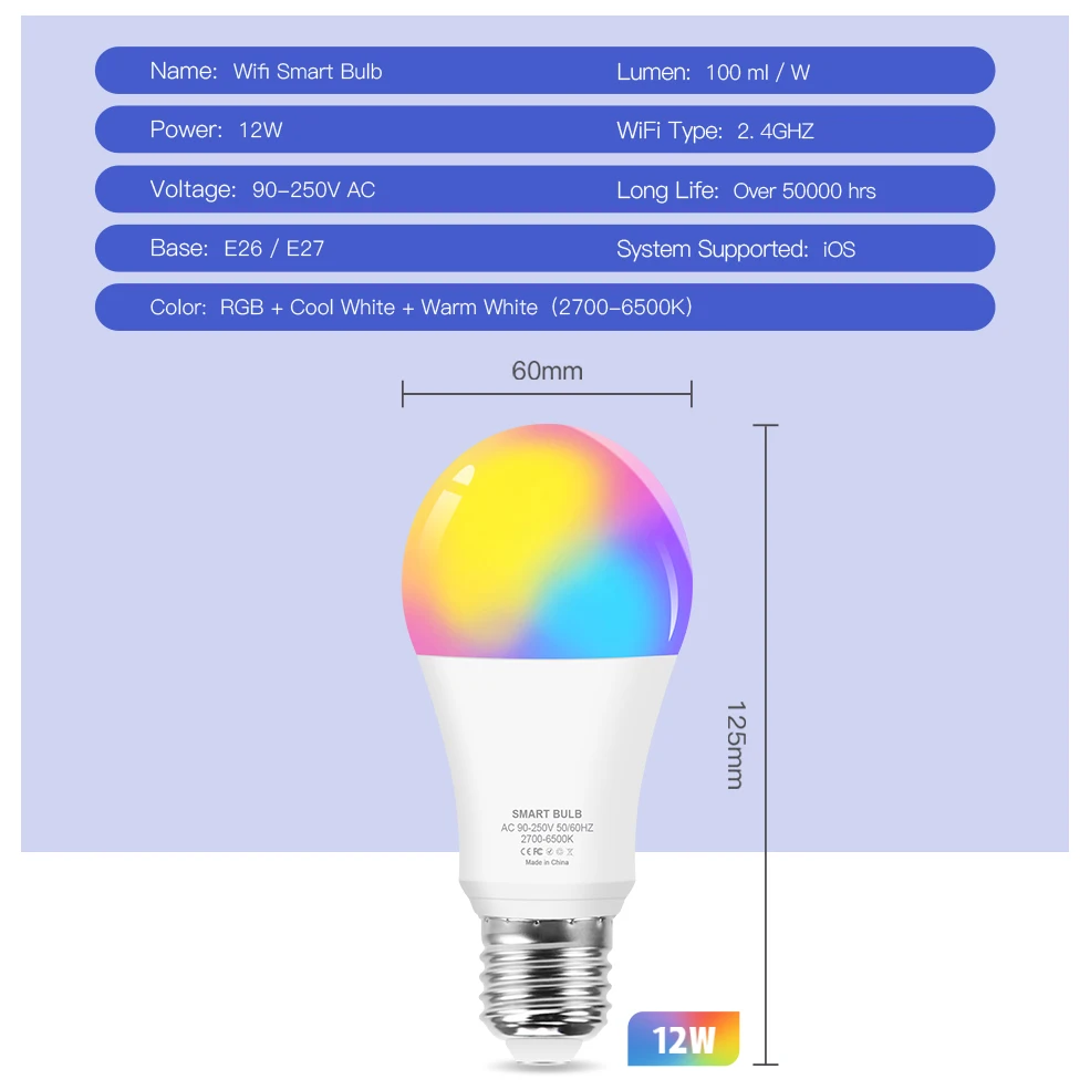 Приглушаемая умсветильник лампа 12 Вт E27 WiFi RGB + белый теплый Homekit Cozylife Alexa Google Assistant