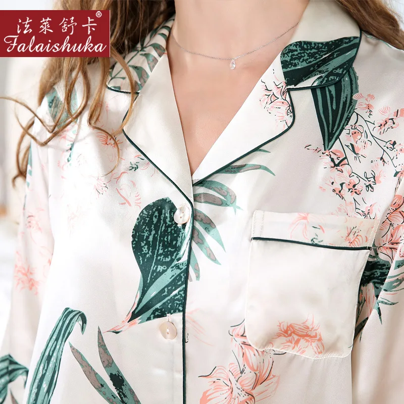 

19m/m Satin Silk Pajama pants Set Suit Leaf Printing Soft Long Sleeve Sleepwear Lingerie Loungewear Nightdress Nightgown