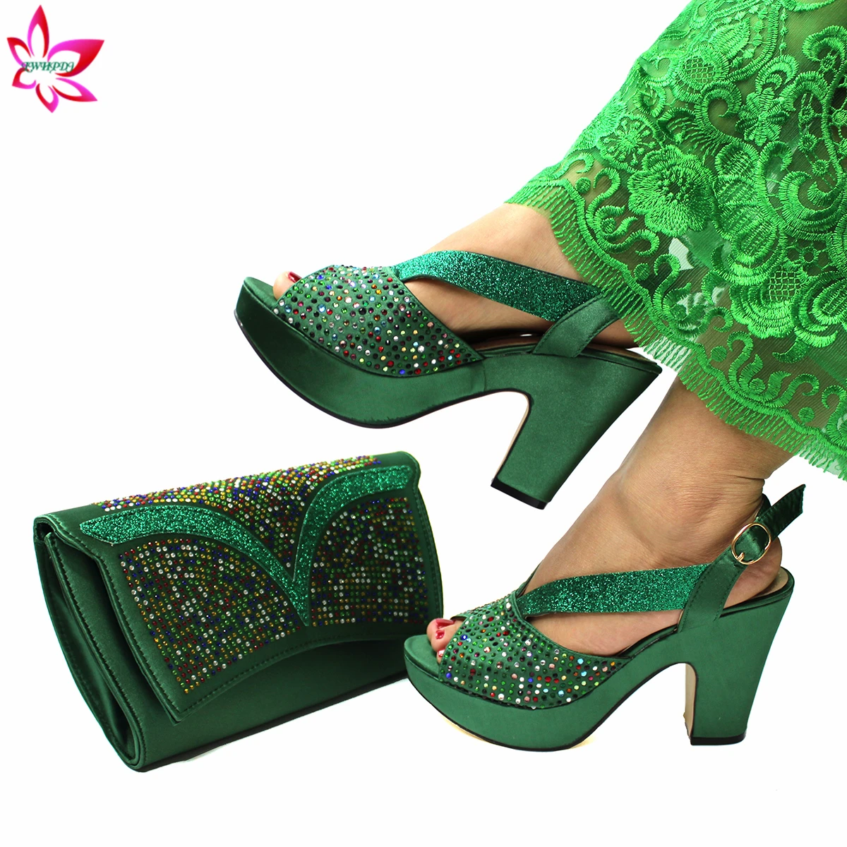 

Latest Green Color Elegant Style Italian Design Shoes and Bag Set Slingbacks Sandals with Shinning Crystal for Garden Party