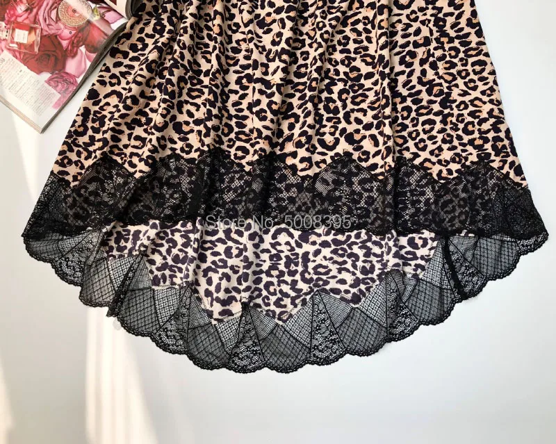 Леопардовая расцветка, асимметричная Hemline, кружевная отделка, юбка миди, эластичная талия, модные женские юбки, новинка