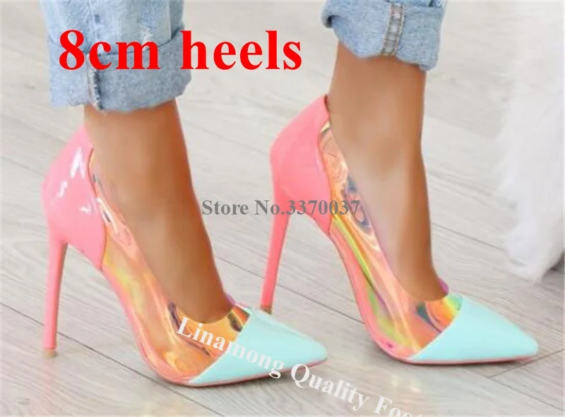 8cm heel Женские туфли-лодочки из лакированной кожи с острым носком неонового и розового цвета; туфли-лодочки на шпильке; светоотражающие Прозрачные Высокие каблуки из ПВХ; свадебные модельные туфли - Цвет: 8cm heel