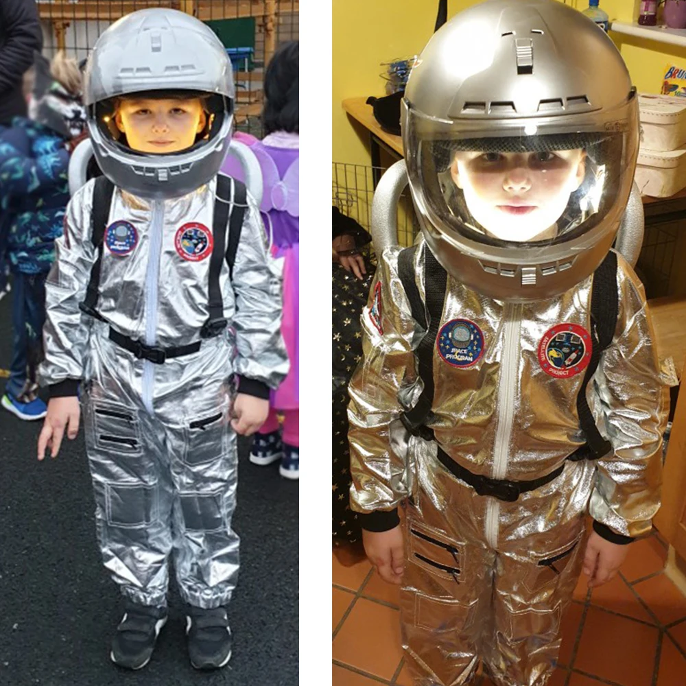 Eraspooky Boys Spaceman One-piece Jumpsuit Silver Astronaut Cosplay Children Pilot Uniform Halloween Costume Kids Party Outfit