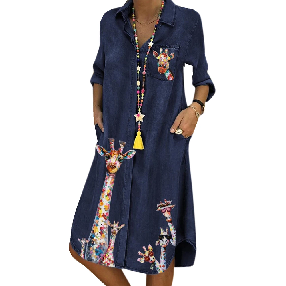 

Women Dress Animal Printed Casual Denim Dress Women Clothing Summer Ladies Vintage Vestidos Loose Shirt Dresses Female