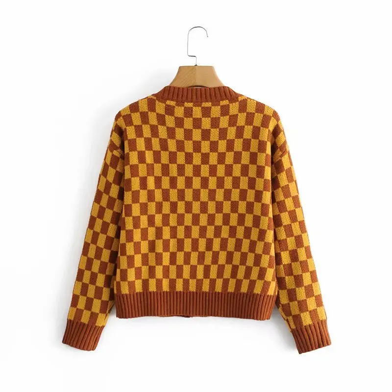 

2020 autumn and winter women's knitted retro loose plaid cardigan with the same long-sleeved warm sweater for bloggers