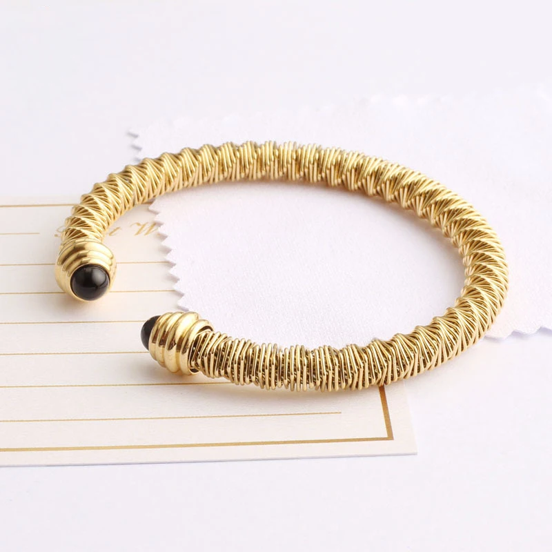 

New Brand Titanium Steel Cable Cuff Bracelet 18K Gold Plating Fine Bangle Jewelry Agate Wrist Fashion Accessories Hand Ornament