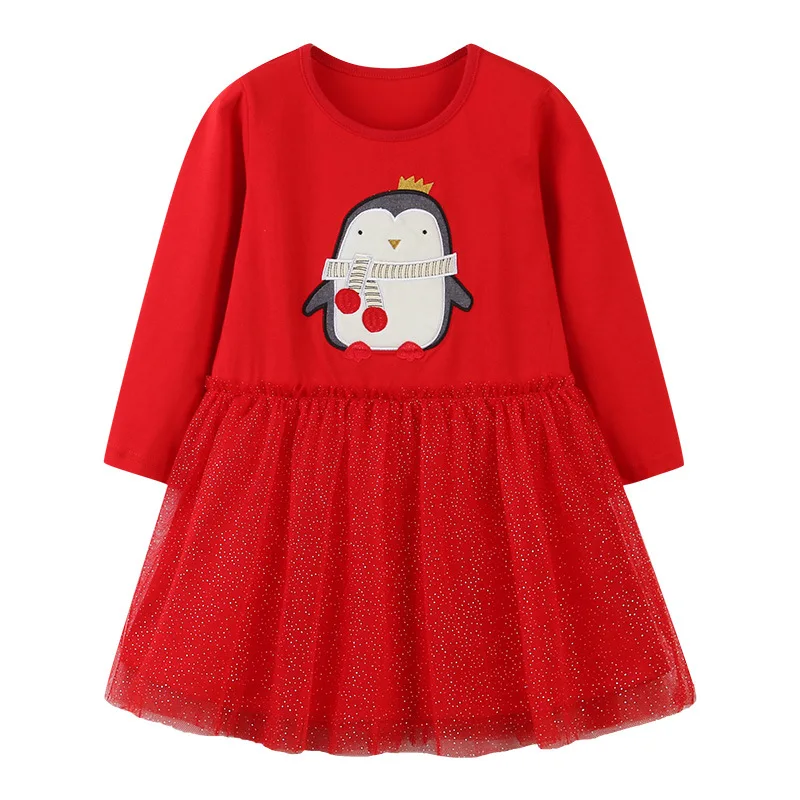 

Toddler Girls Dress Brilliant Long SleeveCute Penguin Pattern Printed Red Gauze Dress for Girls Kids Children