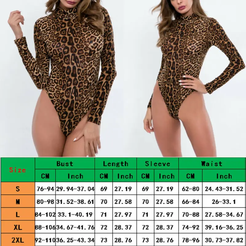 

2020 Leopard Bodysuit for Women Sexy Bodycon Skinny Body Suit Turtleneck Long Sleeve Playsuit Printed Rompers Jumpsuits