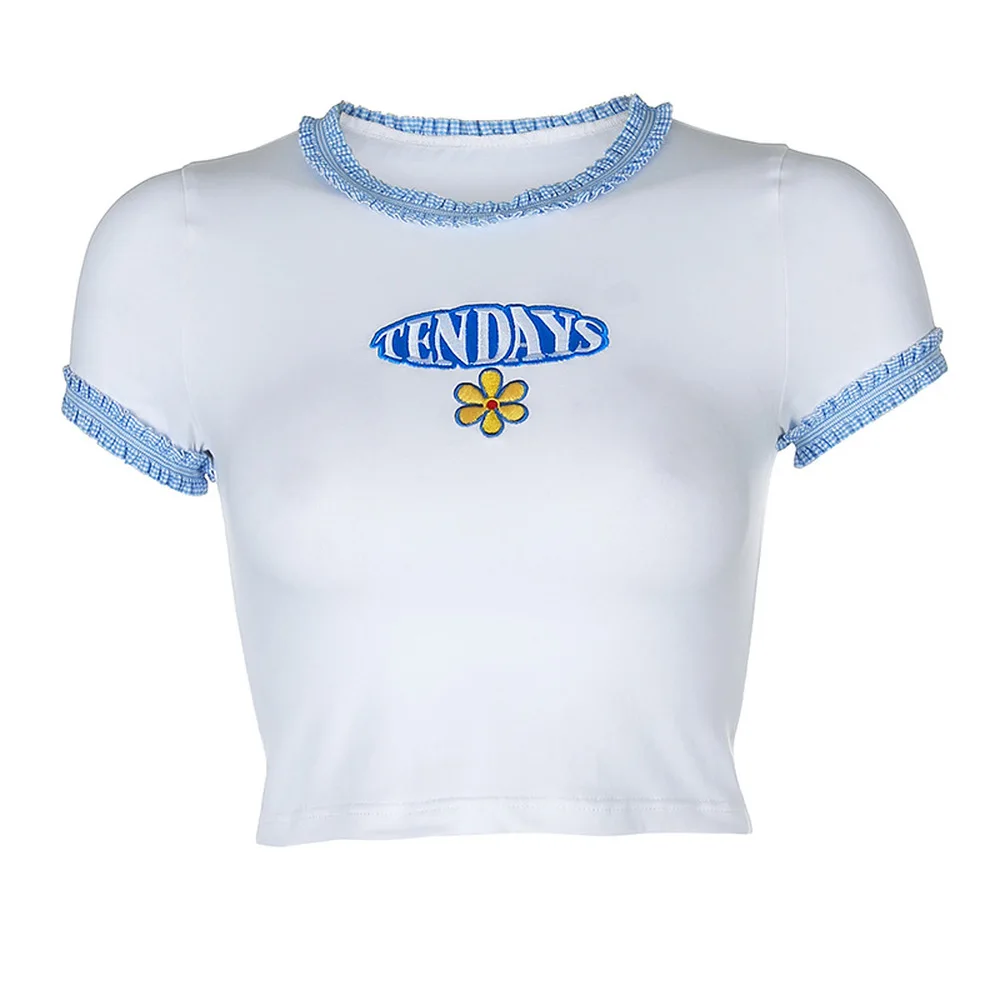 

Short-Sleeved T-shirt Women's Summer Girly Series Letter Embroidered Close-Edge Contrasting Color Style Slim-Fit O Neck Base Top