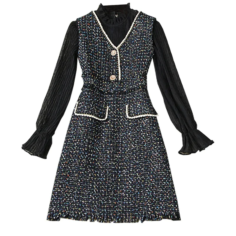 

Autumn Winter Women 2020 New Fashion Clothing Long Sleeve Ruffled Neck Top and Tweed Woolen Tank Dress 2 Piece Vestidos