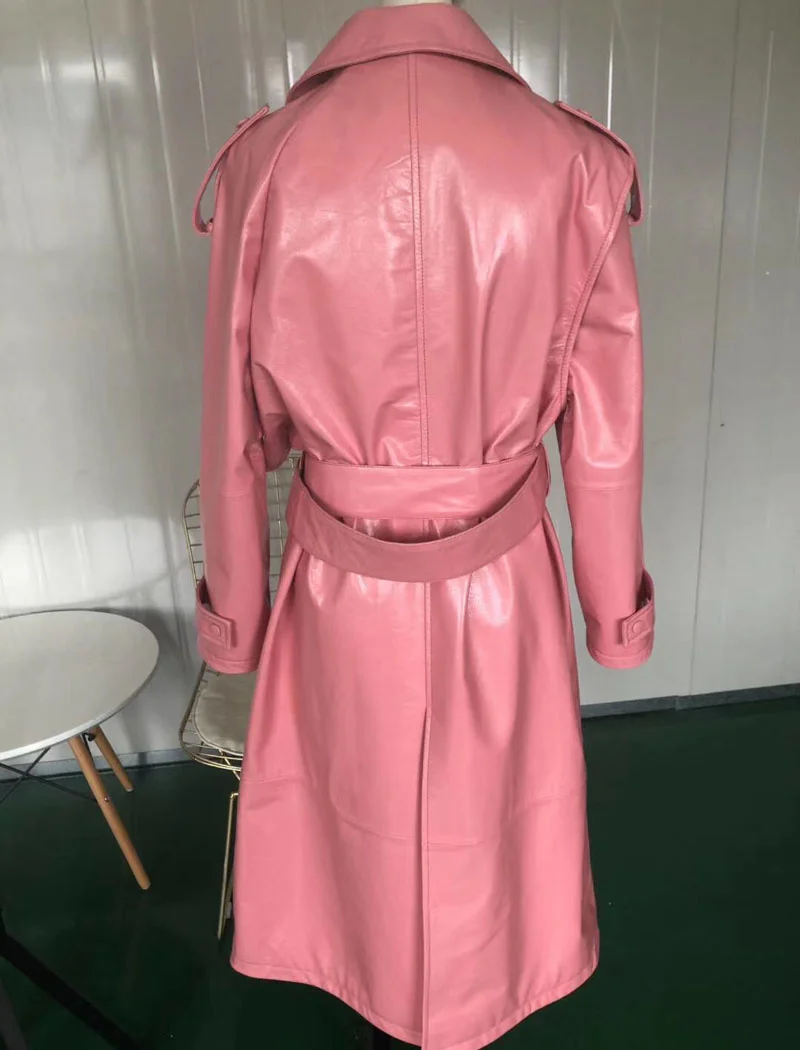 Длинное пальто для весны и осени новинка 2022 куртка из натуральной кожи розового