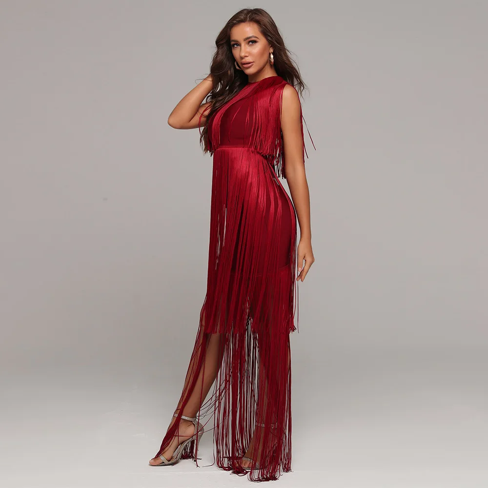 Длинное платье без рукавов с кисточками Бандажное сексуальное вечернее Клубное