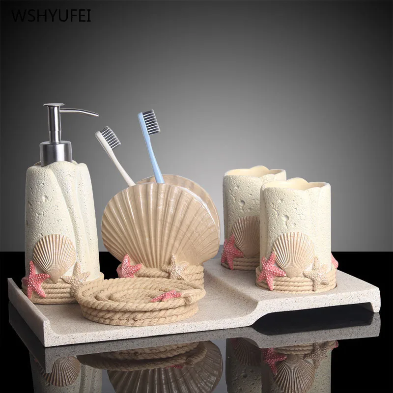 

6 Pcs Direct Mediterranean creative summer beach shell umbrellas bathroom wash set bathroom decoration storage supplies