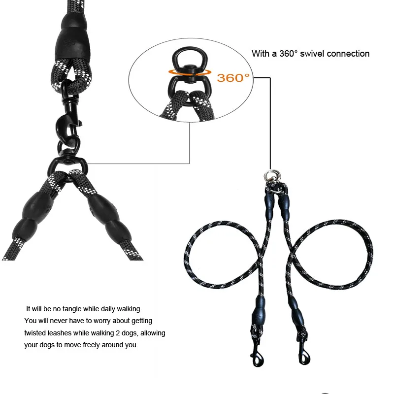 Двойной поводок для собак светоотражающий прочный нейлоновый домашних животных