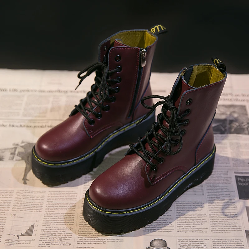

2020 motorcycle women's boots winter moccasin black wedge heel women's lace-up platform