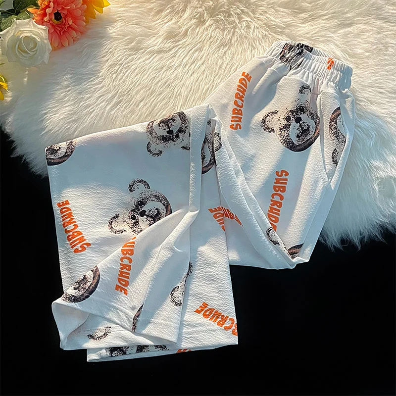 

Женские укороченные брюки в стиле интернет-знаменитостей с принтом медведя, Свободные повседневные универсальные широкие брюки в Корейско...