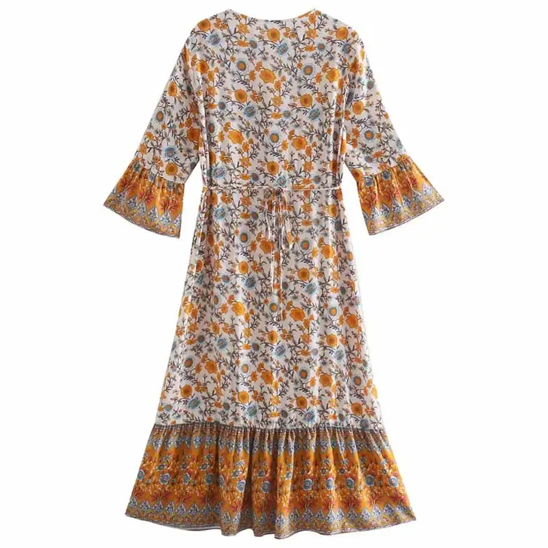 

Boho Floral Print Maxi Dresses for Women Cotton V-neck Buttons 3/4 Sleeve Summer Dress Bohemian New Female Cottagecore Vestidos