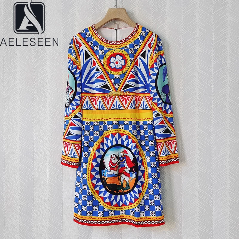 

AELESEEN 2021 женское Сицилия платье с длинным рукавом подиумное модное цветочное воин с геометрическим принтом свободное повседневное Мими пла...