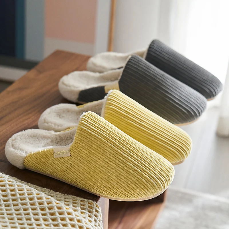 

Winter Cozy Fuzzy Home Slippers Memory Foam House Outdoor Indoor Warm Silent Women Shoes Cute Corduroy Plush Comfort Non-Slip