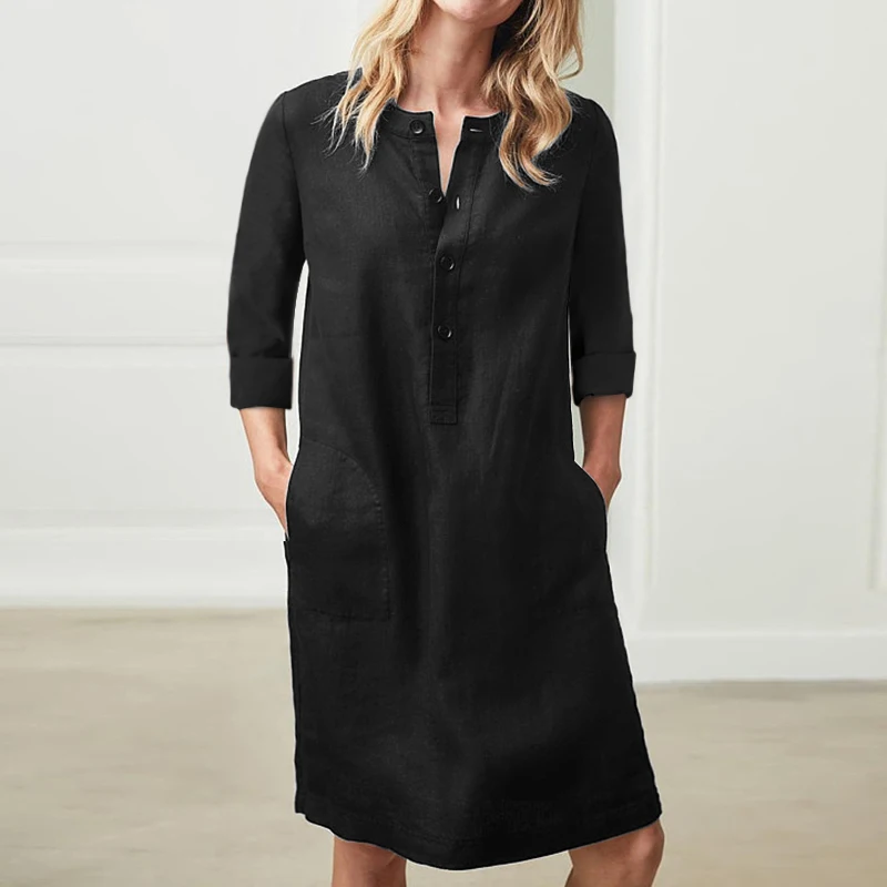 Women's Dress Autumn Cotton Blends Casual Round Neck Long Sleeve Single-breasted Solid Color Plus Size | Женская одежда