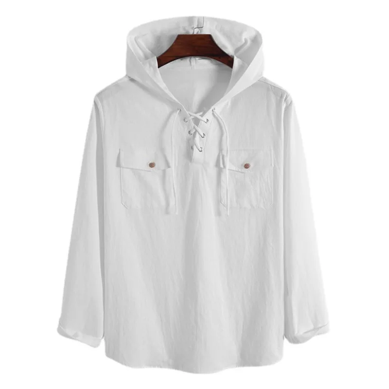 

Mens Designer Plain White Shirts With Pocket Men Clothing Long Sleeve Lace Up Hooded Henley Shirt