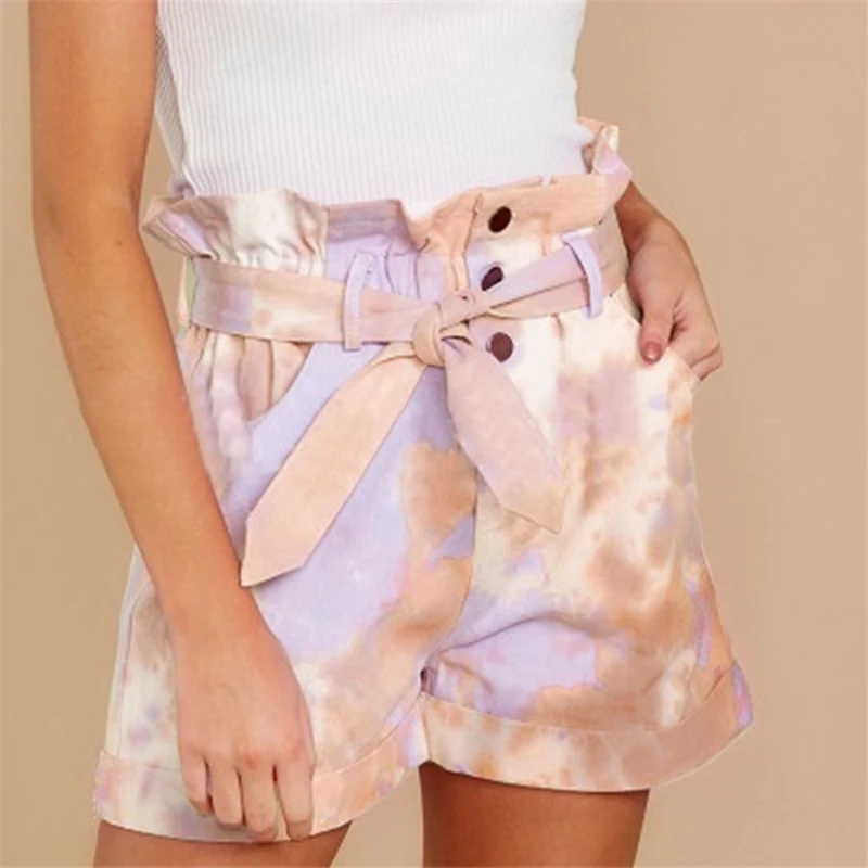 

Fashion 2021 summer new style hot sale women's tie-dye printing belt shorts ladies button high-waist beach lace-up casual pants