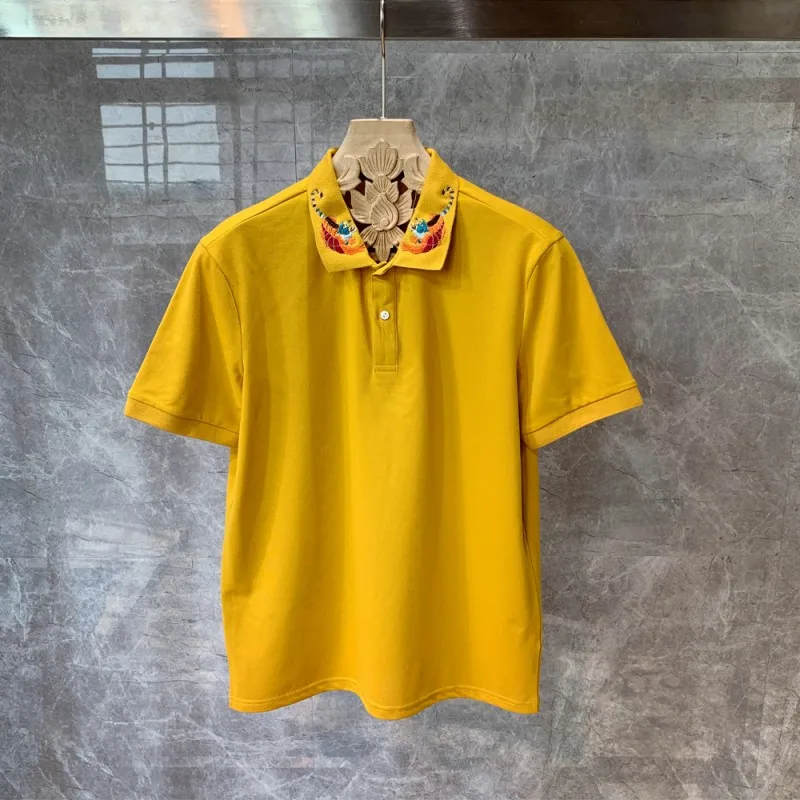 

Summer Men Knitting Turn-Down Collar Pullover T-Shirt Embroidery High Street Casual Short Sleeve Tees Mens Loose Fit Vintage Top