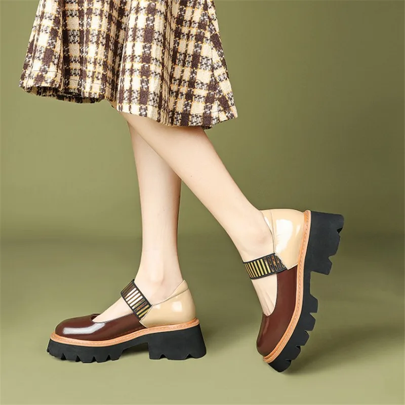 

Genuine Leather 2021 Spring Women's Shoes Retro Round Toe Elastic Band Chunky Heel Pumps Platform Color Matching Casual Shoes