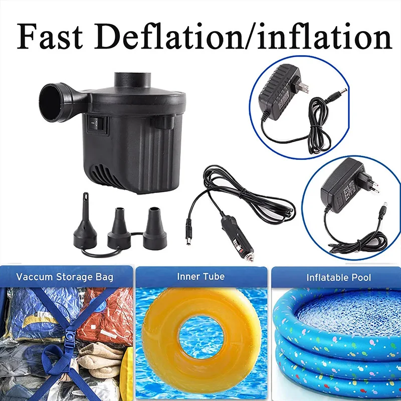 

Portable Electric Air Pump EU/US 2 Pin Plug Quick Fill Inflatable Inflator Deflator 3 Nozzles Black for Indoor Outdoor