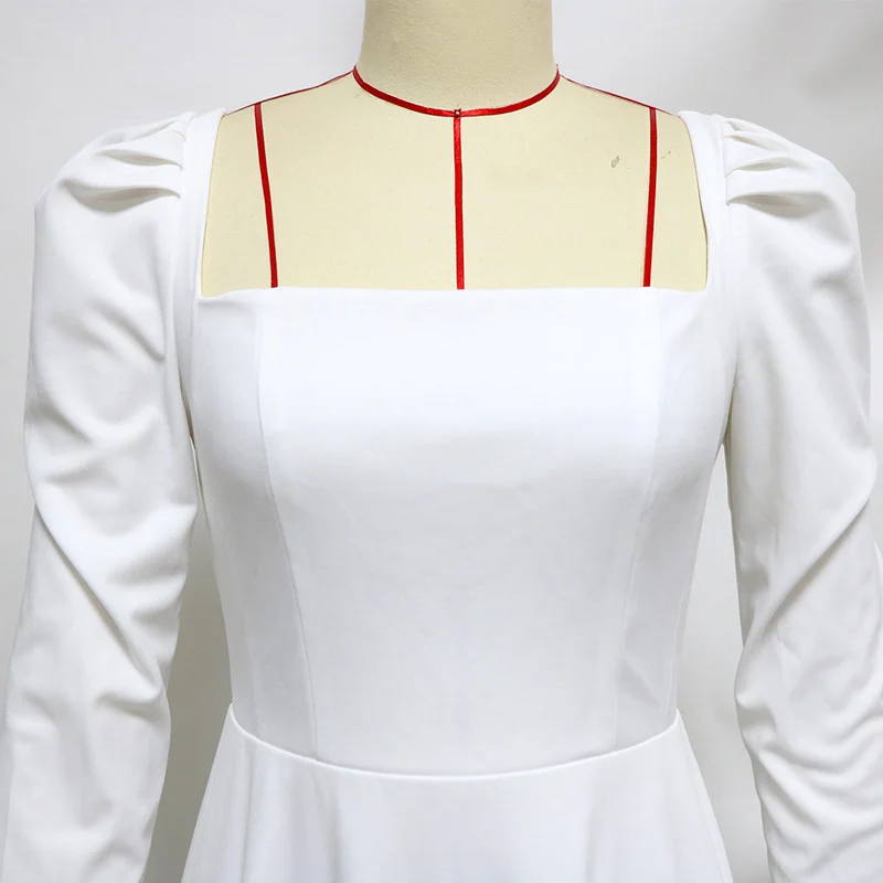 

Elegant Zipper Pure Color High Waist White Retro Female Backless 2021 Summer Women's Square Collar Long Sleeve Lace Up Dress